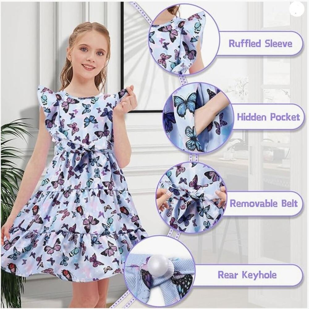 Girl's Purple Dress w/ All Over Butterflies - 7Y - Picture 8 of 10